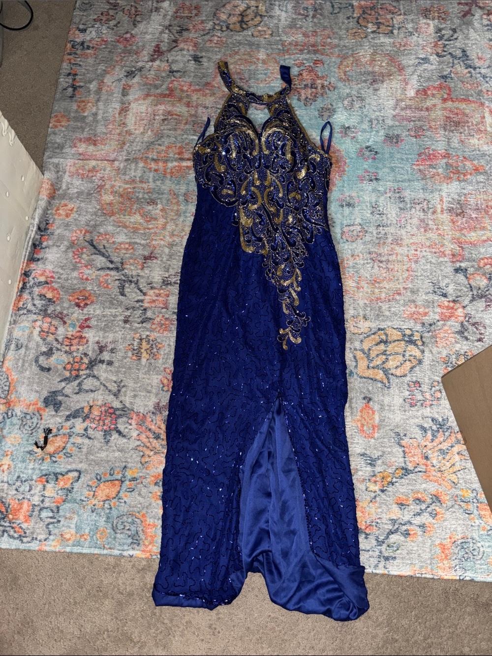 Royal Blue and Gold Beaded prom dress